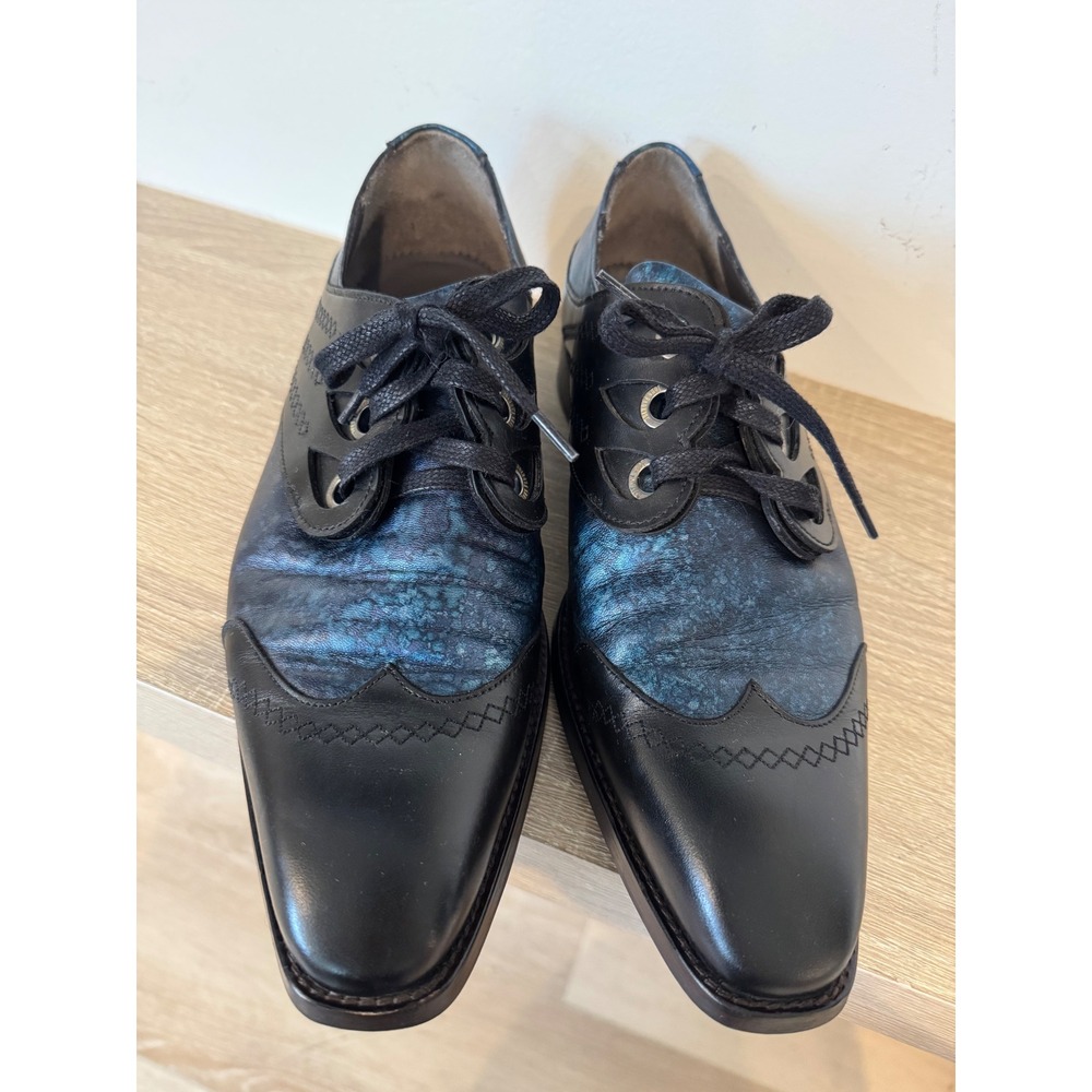 John Fluevog Rufus Magoo Cavalier Scalloped Eyelet Derby Shoes Blue Black Mens 9 - Picture 3 of 13